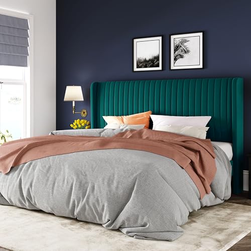 Image of Allewie King Size Bed Frame /Velvet Upholstered Platform Bed /Vertical Channel Tufted Wingback Headboard /Strong Wooden Slats /No Box Spring Needed /Easy Assembly /Teal