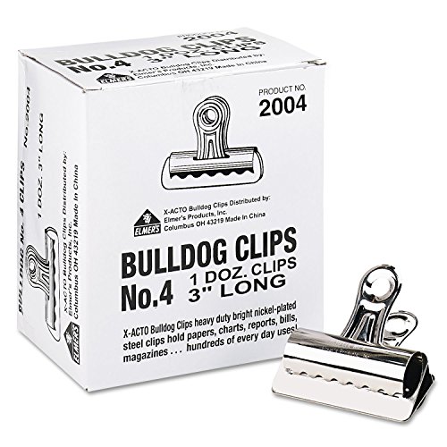 X-ACTO Bulldog Clips, Steel, 1 inch Capacity, 3 inchw, Nickel-Plated, 12 per Box