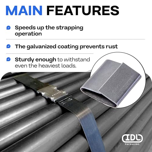 Image of IDL Packaging 5 /8 inch Closed (Push Type) Seals for Steel Strapping, Pack of 250 - USA-Made Sturdy Metal Clips for Securing Heavy Packaging & Pallet Banding - Superior Holding Power for Steel Banding Jobs