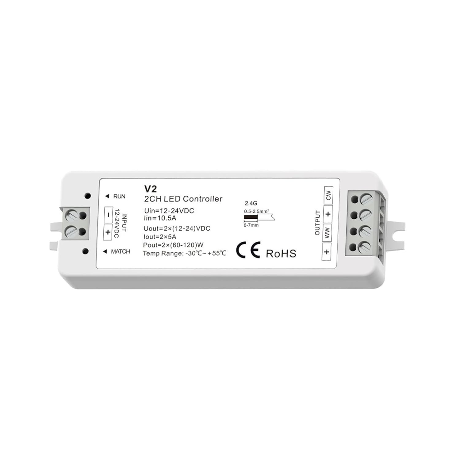 V2 LED Controller WW CW CCT 2CH 12V 24V DC 10A LED Dimmer 2.4G Remote Control for Single Color Dual White LED Light Strip(V2 LED Controller)