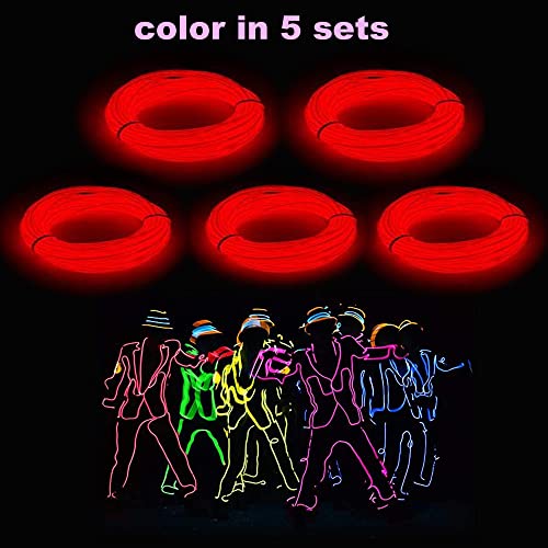 Image of MaxLax EL Wire Red 5-Pack, 9ft /2.75m Neon Light Wire with Noise Reduction and Battery Pack