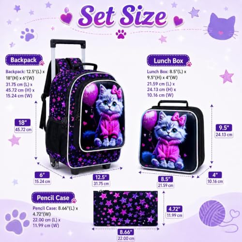 Image of CCJPX 3Pcs Cat Rolling Backpack for Girls, 18 inch Kids Wheeled Bookbag with Lunch Box, Lightweight Roller School Bag for Elementary Preschool (Black)