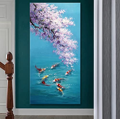 Peinture à l'huile abstraite poisson porte-bonheur style chinois bleu