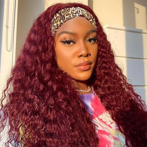 Image of Punmasa Headband Wig Human Hair Deep Wave 99J Human Hair Headband wigs for women Glueless None Lace Front Wig Machine Made 150% Density human hair headband wig 18 Inch