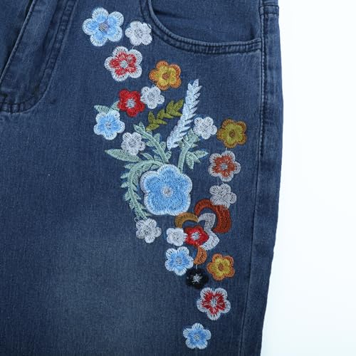 AULKEEP Women Embroidery Bell Bottom Jeans Slim Washed Floral Graphic Blue Jean Casual High Waist Pants2
