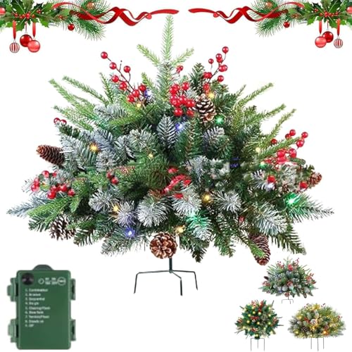 INGKE Prelit Planter Bushes Christmas Holiday Planter Filler,Pre Lit Planter Bushes, Pre-Lit Artificial Christmas Tree Feel Real Urn Filler, Christmas Planter Filler Outdoor (C)