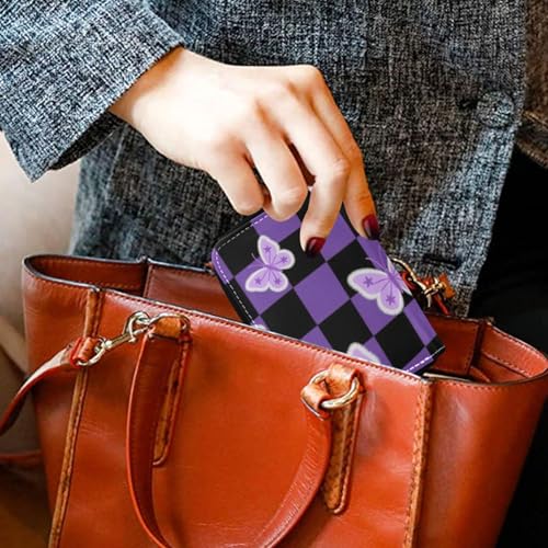 Butterflies Black Purple Checkered Pattern leather small credit card wallet With 2 cash slot RFID Blocking credit card holders with zipper 6