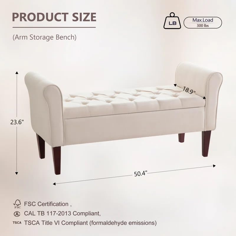 Image of LEGACY OF COMFORT V4 Velvet Upholstered Storage Bench Sofa Bench Sofa couches Rolled Arm Window Bench Ottoman Bench 2 Seater Sofa Lounger Pouffe for Living Room Bedroom Office (Beige)
