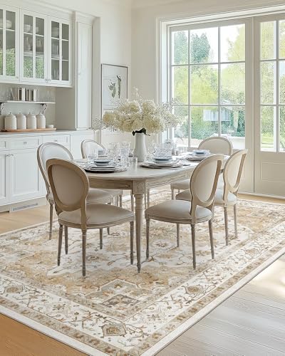 AMADA HOMEFURNISHING 6x9 Area Rugs, Beige Washable Rug Low-Profile with Non-Slip Backing & Durable Edge Binding, Vintage Rugs for Living Room, Bedroom, Dinning Room