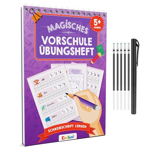 Magische Vorschule Übungshefte ab 5 Jahren für Junge & Mädchen - [Heft + Stift] - Wiederverwendbare Schreiblernhefte für Vorschule - Buchstaben lernen, Schreiben lernen (Schreibschrift lernen)