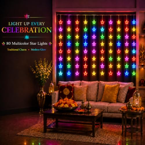 Image of Gesto Star Curtain Fairy Lights for Decoration - 80 Led String Lights with 8 Modes Changer | Multicolor Decorative Lights for Home Decor, Room,Wall, Balcony, Christmas & Diwali Decoration- 10x3 Ft