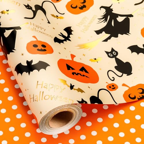 Burymento Reversible Halloween Wrapping Paper Pumpkin Witch Hat and Polka Dot Design Suitable for Halloween Christmas Nightmare Holidays Parties Mini Rolls (17 Inches X 32.8 Feet)