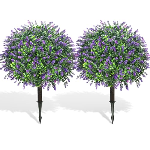 Artificial Lavender Topiary Ball Trees, 2 Set of 20’’ Artificial Shrub Bushes with Ground Spike,UV Resistant Faux Greenery Shrubs,Fake Evergreen Boxwood Plants for Garden, Yard, Porch, Patio Decor