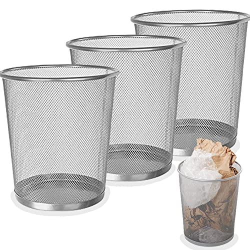 SENENQU Lot de 3 Corbeille à Papier, 12L Poubelle de Bureau Métal Maille, Petit Corbeille Poubelle Bureau de Cusine de Chambre de Salles de Bains - Argent