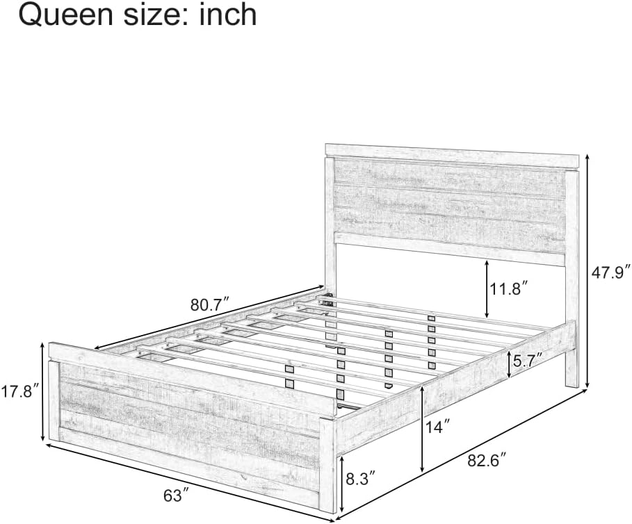 Queen Bedroom Set, Farmhouse Bed Frame with Rustic Design, Durable Queen Bedroom Furniture Sets, No Box Spring Needed