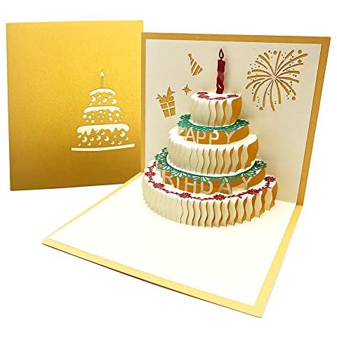 GOIYZTTR 3D Pop up Birthday Card with Red Candle, Laser Cut Gift Cards for Birthday for Family, Friends, Colleagues, 3 Layers Cake with Envelope, Handmade - Golden Cover