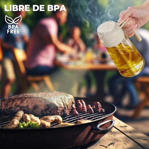 DUEXSO | Aceitera Spray Pulverizador Antigoteo para cocinar con menos grasa y ahorrar aceite | Dispensador de Vidrio 470ml para Cocina Gourmet o Casera - Freidora de aire, plancha y ensaladas (Beige) - imagen 5
