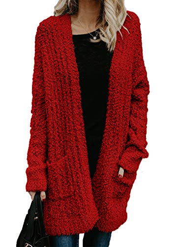 HZSONNE Womens' Boho Fuzzy Knitted Cardigan Chunky Sweater Sherpa Fleece Pointelle Full Sleeve Blouse (Red, Large)