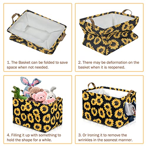 Image of Sunflowers Storage Bin Basket Collapsible with Leather Handles Waterproof Canvas Storage Cube Box for Closet Toys Clothes Nursery Room Gift Basket