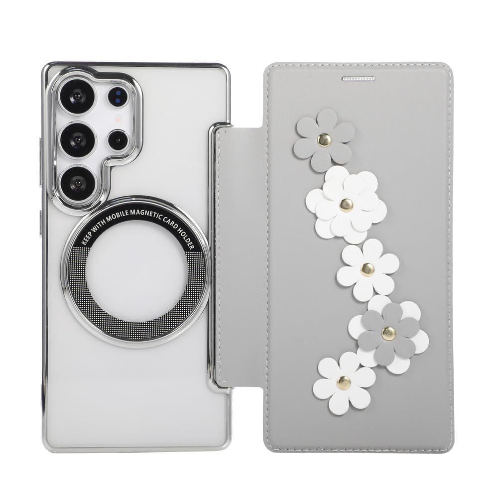 Etui z portfelem do Samsung Galaxy S25 Ultra/S25 Plus/S25, kwiatowy wypukły skórzany pokrowiec z klapką galwanizowane bezprzewodowe ładowanie przezroczysta obudowa, srebrny, S25 Plus