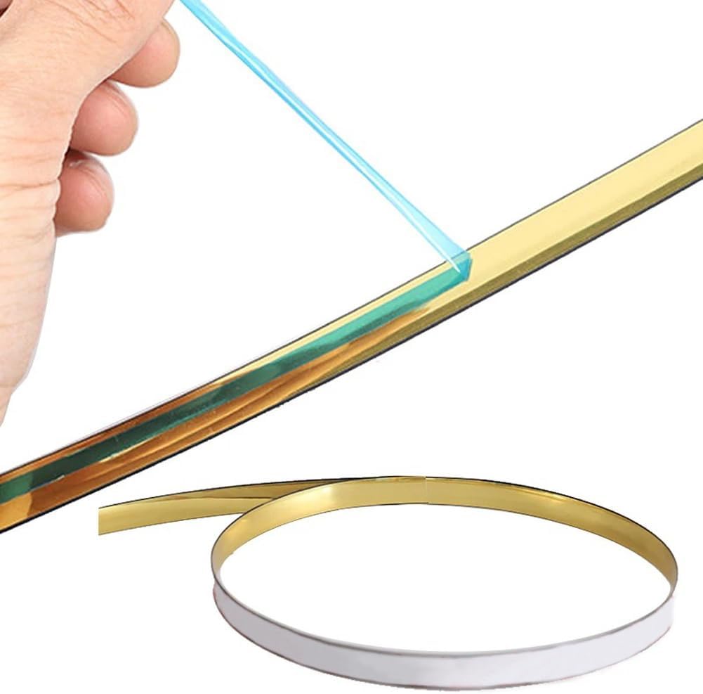 Metallic Gold Mirror Border Trim, Peel and Stick PVC Wall Molding Trim Tape, Self Adhesive Waterproof Decorative Trims for Wall, Cabinet, Kitchen, Home, Bathroom, Crafts, 0.43×196.85in