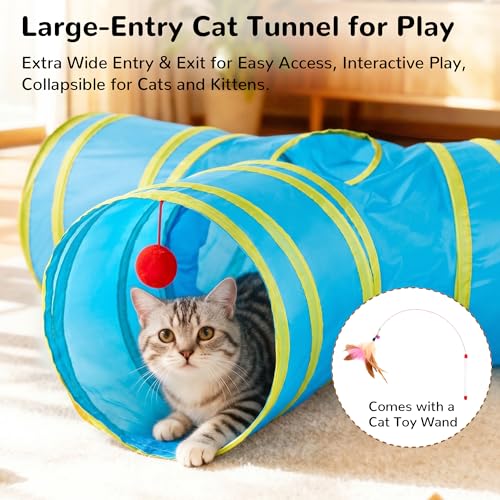 Image of Tempcore Cat Tunnel for Indoor Cats, 3 Way Collapsible Pet Play Tunnel with Teaser Wand, Peek Holes & Hanging Ball, Interactive Tube for Kittens & Rabbits, Blue & Yellow