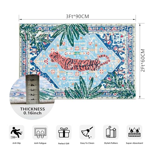 Aldopein B-2X3-BLUE TIGER PERSIAN Tropical Jungle Rugs, 2X3 Faux Wool Botanical Boho Throw Rugs For Bathroom Kitchen Small Indoor Entryway Rug Modern Vintage Distressed Hippie Indian Accent Floor Mat Non-Slip Washable thumb #1