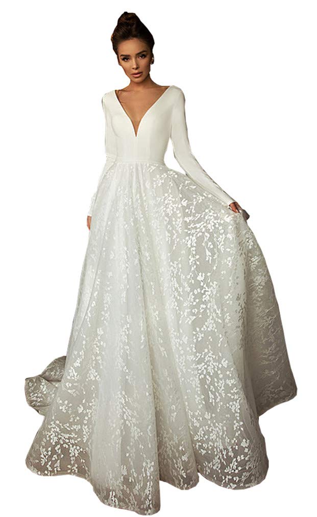 V Neck Boho Lace Long Sleeve Wedding Dress with Train Satin Backless Bridal Ball Gowns Plus Size