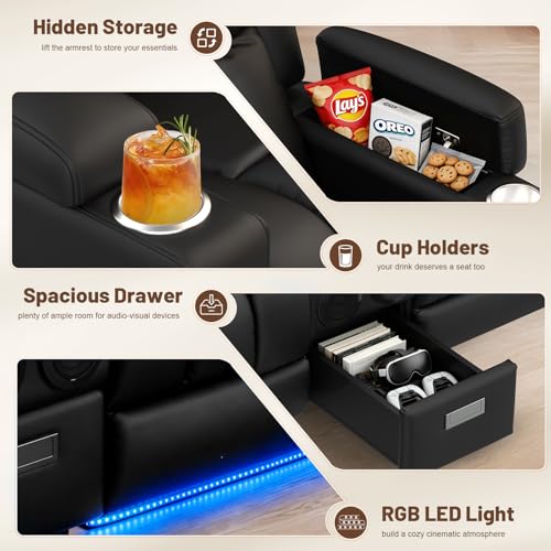Image of Power Loveseat Recliner Sofa with Console, Wall Hugger Reclining Loveseat with Reading Light, Home Theater Seating with LED Lights, Zero Gravity Recliner Couch for RV Couch and Living Room