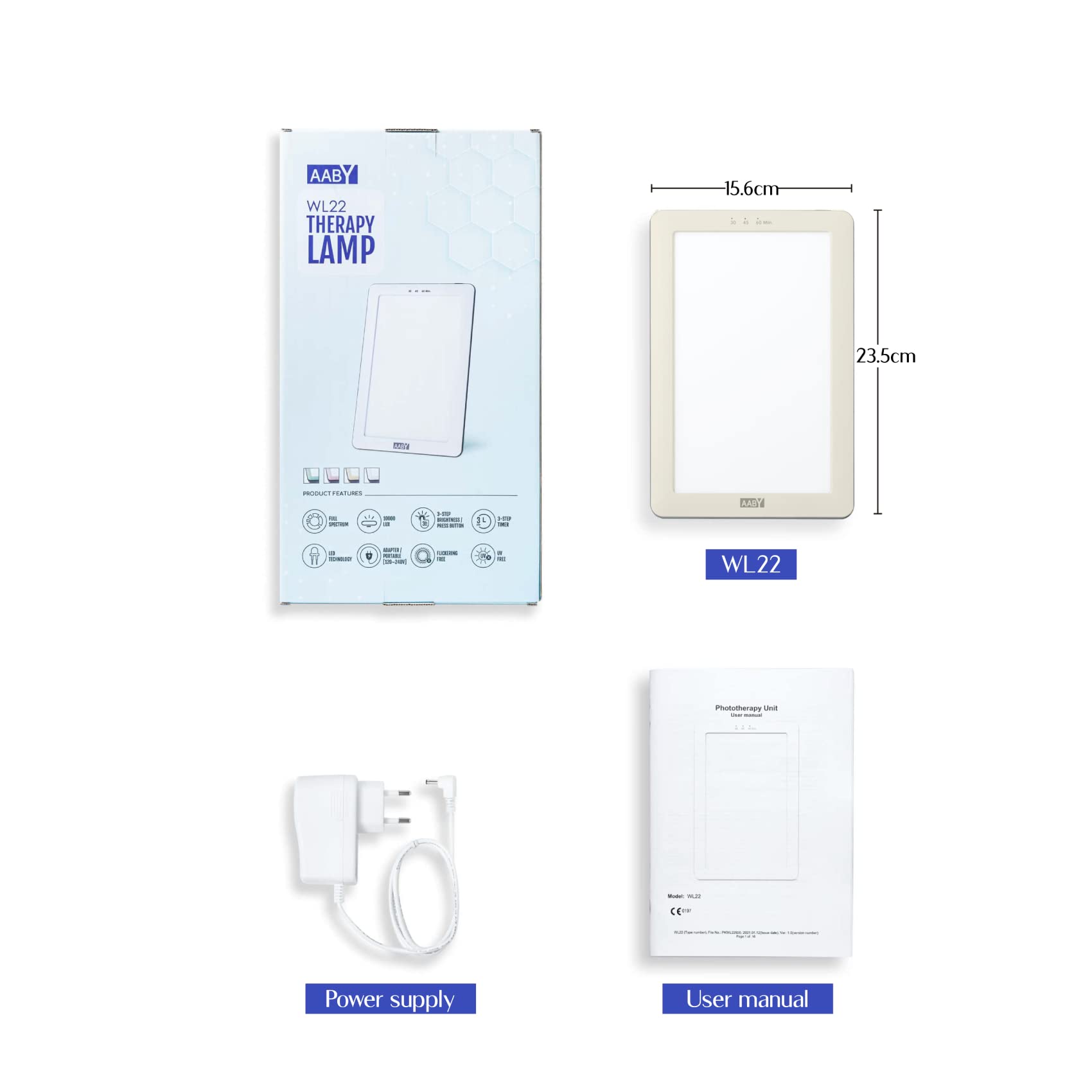 AABY Premium Daylight Therapy Lamp - Medically Certified Mood Light - UV & Flicker Free 10,000 Lux Bright White LED Light, w/3-Step Brightness & Timer Options - Fold-Out Stand Built-In (Yellow)