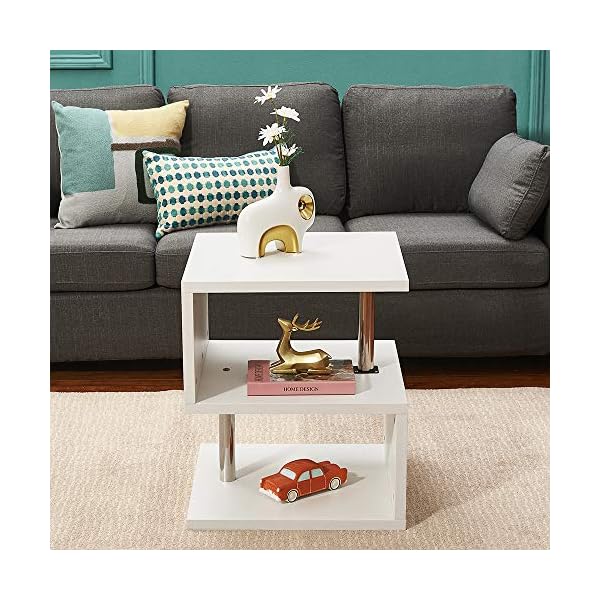 Multifunction S Shape Coffee End Table, 2 Tier Storage Modern Design Side Table storage Shelves with LED Lights for Display White - Image 3