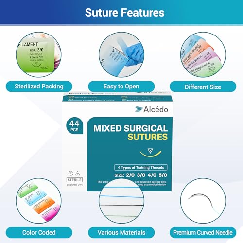 Image of Alcedo Suture Thread with Needle 44 PK (2 /0, 3 /0, 4 /0, 5 /0), Non-Absorbable (Nylon, Silk, Polyester, Polypropylene) for Nursing and Students, First Aid Practice Kit Accessories, Education Only