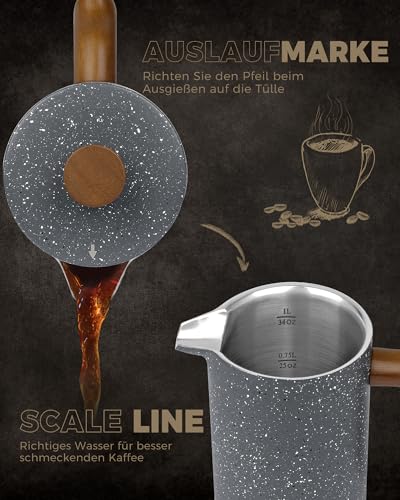 Foto von Poliviar French Press 1 Liter/8 Tassen, Kaffeebereiter，Doppelwandige isolierte Kaffeekanne, Teebereiter, Handfilter Kaffee Presse mit Plunger & Griff aus Massivholz (Stein) JX2019-FPG10-DE