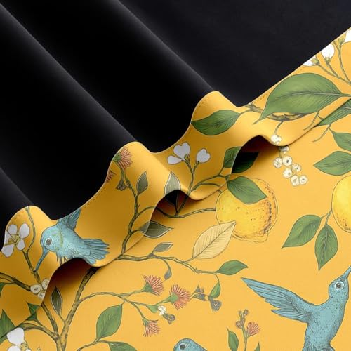 Image of BFAM Floral Print 100% Blackout Curtain with Black Linning at Back, Floral Print Curtains for Living Room /Bedroom Thermal Insulated Energy Saving, Yellow Bird, 7FT, Pack of 1 Curtain