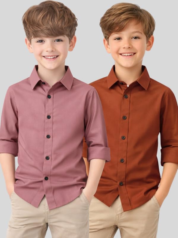Image of YYQ Pack of 2 Boys Solid Cotton Blend Shirts - Full Sleeve Casual, Soft & Comfortable Spread Collar Shirts for Boys