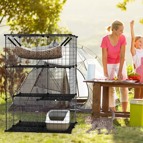 GYMAX 3 Ebenen Katzenkäfig faltbar, Katzengehege mit Oberlicht & Hängematte, Gitterkäfig aus Metall mit 3 abschließbaren Türen, Haustierspielplatz für Katzen & kleine Tiere (3 Etagen)
