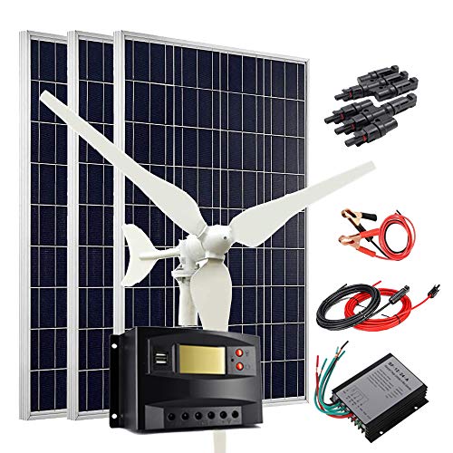 Kit solar de viento de 400 W, sistema de 12 V, generador de turbina de viento de 100 W + 3 paneles solares de polietileno de 100 W + controlador de viento + regulador de carga solar + cables Cover