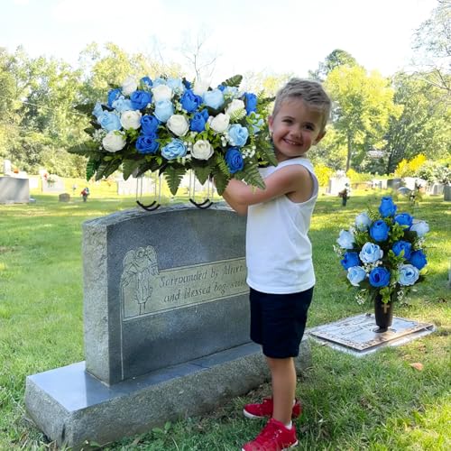 Artificial Cemetery Flowers Saddle Grave Memorial Rose Flowers with Vase for Cemetery Headstones Gravesites Decoration (White&Blue, 1 Saddle) image 4