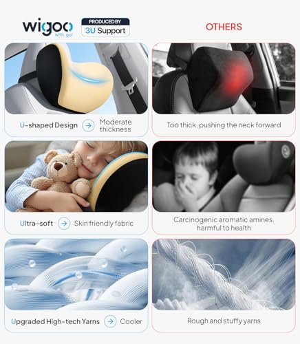 Image of Wigoo Soft Car Neck Pillow with Adjustable Strap, Beige, 2-Pack | Extra Strap| Memory Foam| Universal Fit