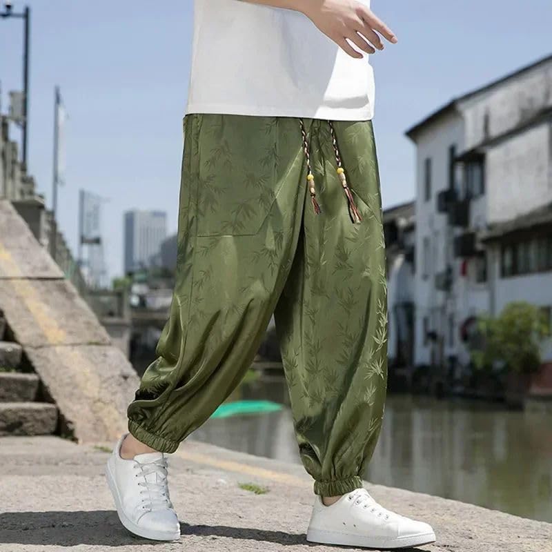 Summer Men's Ice Silk Harem Pants Chinese Tang Dynasty Vintage Jacquard Pants Loose Harem Leaf Print Hip Hop2