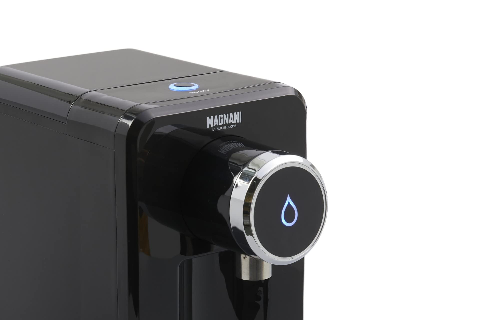 Close-up of the control knob with illuminated water drop icon on MAGNANI Hot Water Dispenser
