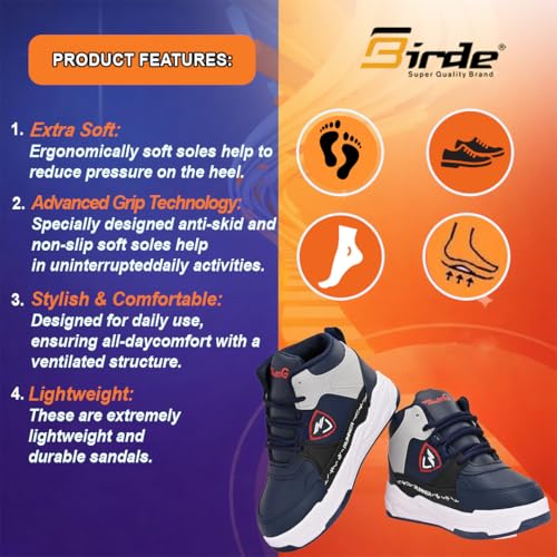 Image of Birde Stylish Comfortable Regular Wear Trekking & Hiking Walking Hi Neck Shoes with Rubber Outsole Memory Foam Casual Blue PVC High-Top Shoes for Kids Memory Foam Shoes