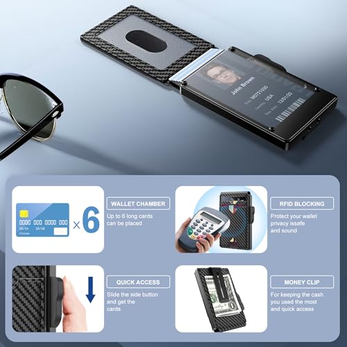 BIIGELL Wallet for Men Card Holder- Pop Up Aluminum Case, Carbon Fiber Leather RFID Blocking ID Window Cash Slot Minimalist Wallet with Gift Box (Carbon Fiber)2