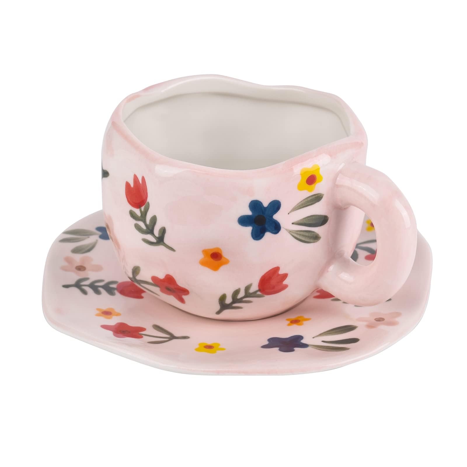 Koythin Ceramic Coffee Mug, Cute Pink Cup for Women with Saucer for Office and Home, Dishwasher and Microwave Safe, 10 oz/300 ml for Latte Tea Milk (Floral)