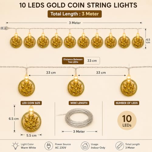 Image of MoonlitDreams Ganesh LED String Lights, 10 Golden Metallic Decorative Lights, 3 Meter Plug-in Lights for Diwali Decoration, Ganpati, Mandir, Pooja Room & Home Decor (Pack of 1)