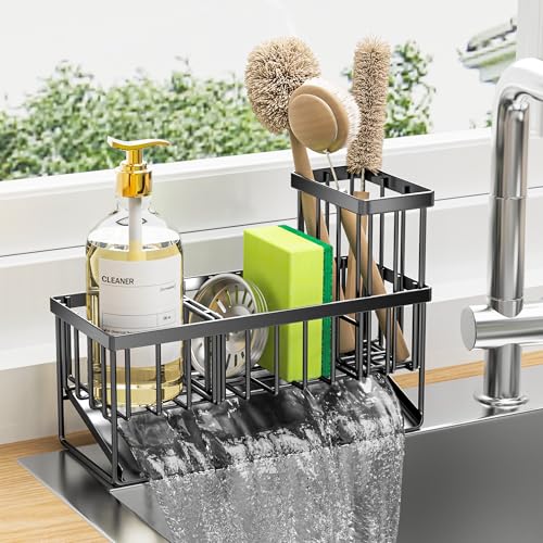 KEMDH Kitchen Sink Caddy Organiser Sink Tidy with Removable Brush Holder Sponge & Soap Holder Stainless Steel Cleaning Utensil Caddy for Kitchen Black