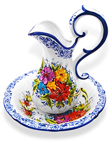 Hand Painted Portuguese Pottery Floral Wash Basin with Pitcher Set
