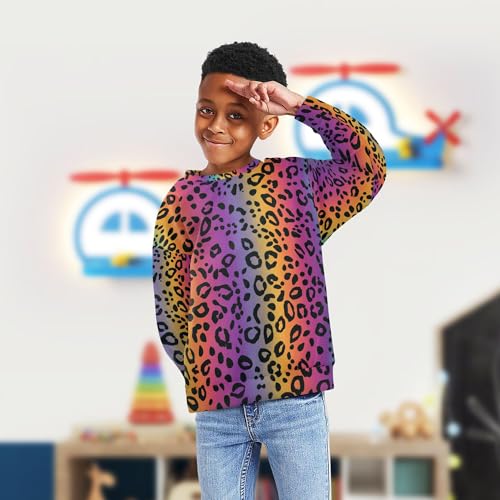 JUNZAN Rainbow Leopard Printed Big Boys Sweatshirts Hoodies Crewneck Sweatshirt With Hoodie Camping 4T4