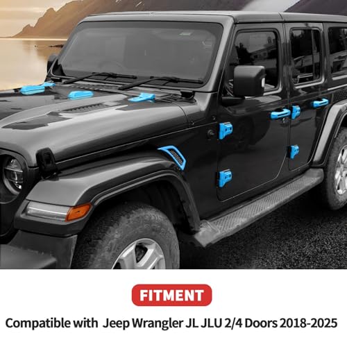 SQQP 22PCS Full Set Exterior Trim Kit Fit for 2018-2026 Jeep Wrangler JL JLU 2/4 Doors, Door Hood Hinge Cover Door Handle Side Vent Tailgate Window Hinge,Not Fit for 2026 JL JLU Willys(Light Blue) by SQQP - Used condition - Image 6