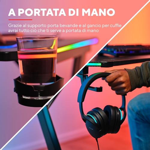 GXT 709 Luminus Scrivania Gaming LED RGB, 10 Modalità Colore, Alimentazione USB, Tavolo Gaming 120 x 60 con Supporto per Cuffia e Portabicchiere, Ufficio, Gamer, Streaming - Nero - Scrivania Gaming - Immagine 6